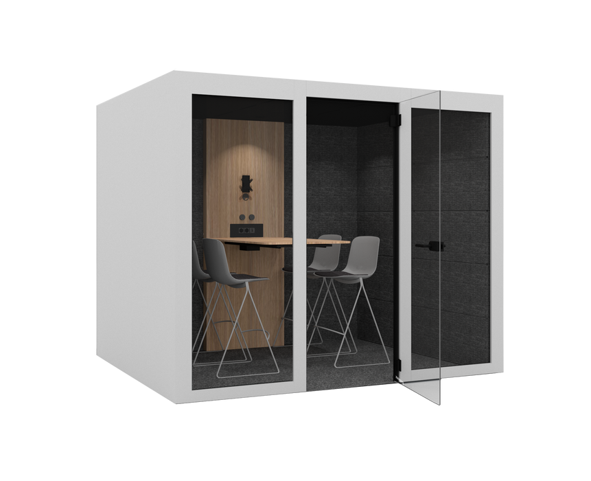 Modern office pod with open door, two chairs and a desk inside, isolated on white background. (White)