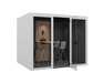 Modern office pod with open door, two chairs and a desk inside, isolated on white background. (White)