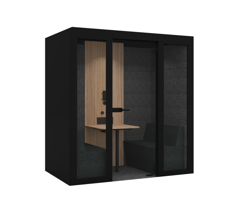 Modern office pod with wooden door, desk, and green seating against a gray background. (Black)