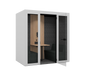 Modern office pod with glass doors, wooden accents, and gray interior. (White)