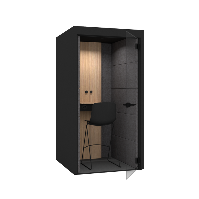Modern office phone booth with chair and built-in desk on white background. (Black)