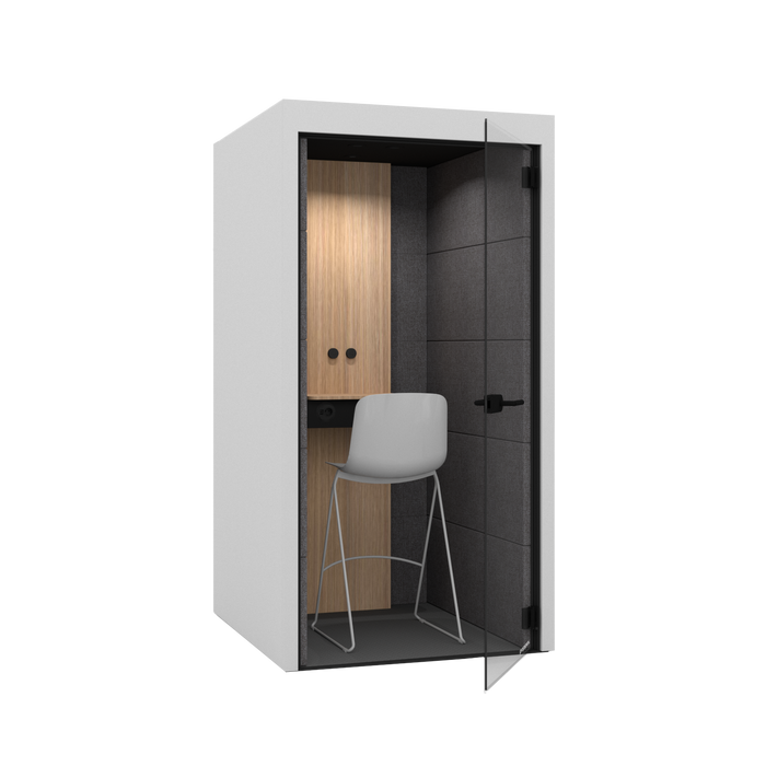 Modern office phone booth with wooden interior, white chair, and gray walls. (White)