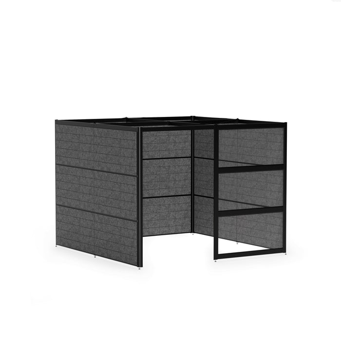 Black office cubicle with privacy panels and shelves on white background. (Black-Private-Black Panel)
