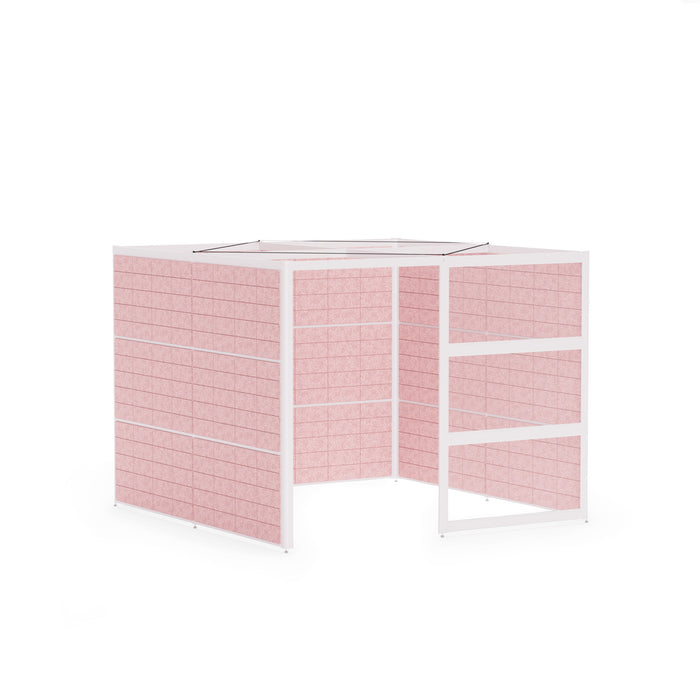 Curved pink trade show booth display with shelving units on white background. (White-Private-Rose Panel)