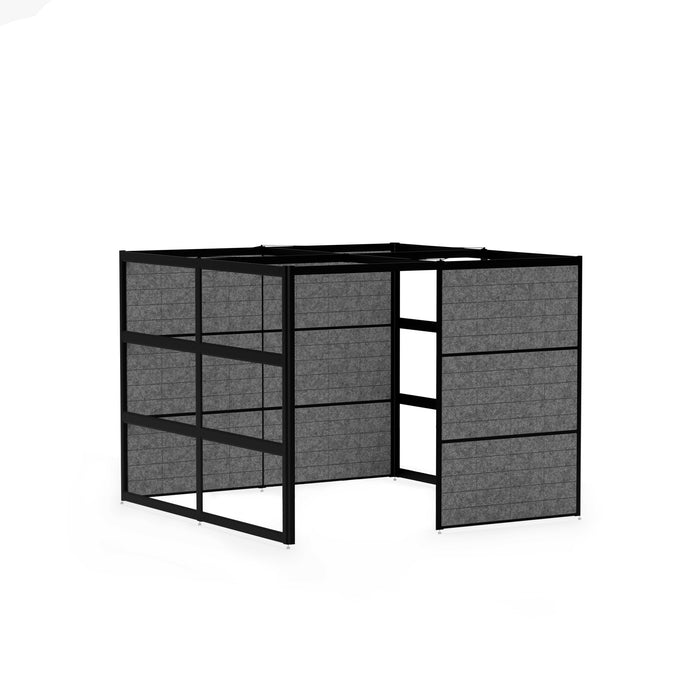 Black office cubicle with gray fabric panels and a metal frame on a white background. (Black-Semi-Private-Black Panel)