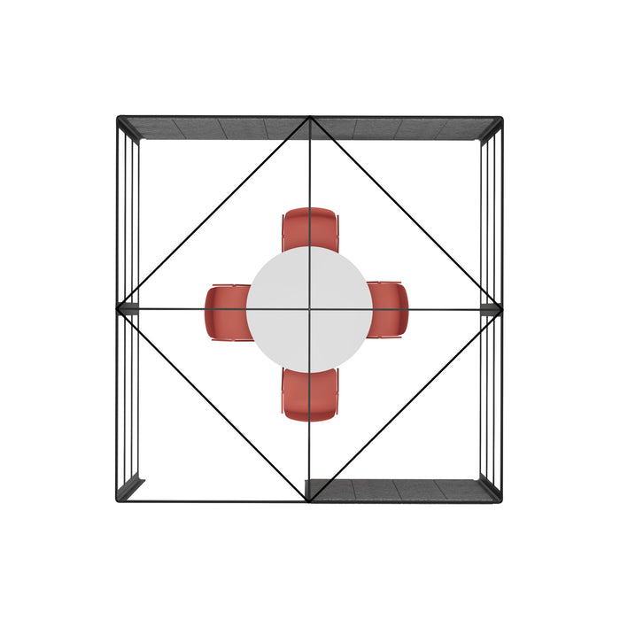 3D cube with a red spherical structure at the center surrounded by black lines (Black-Semi-Private-Black Panel)