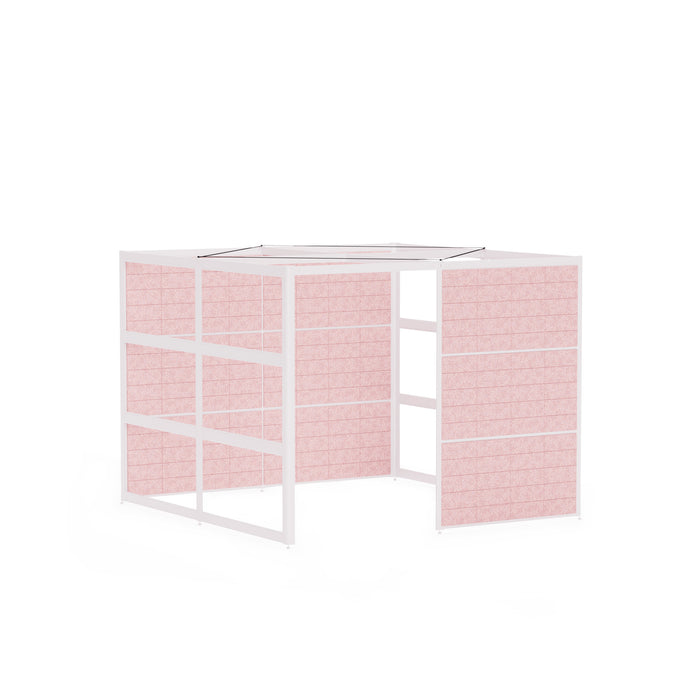 Pink fabric room divider with a white frame on a white background. (White-Semi-Private-Rose Panel)