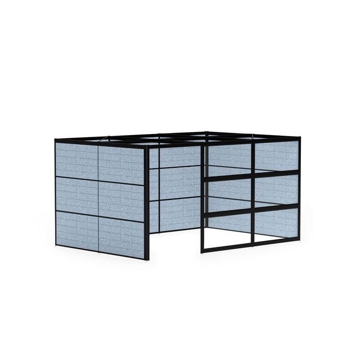 black metal modular office wall unit with gray storage boxes on white background. (Black-Private-Blue Panel)