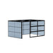 black metal modular office wall unit with gray storage boxes on white background. (Black-Private-Blue Panel)