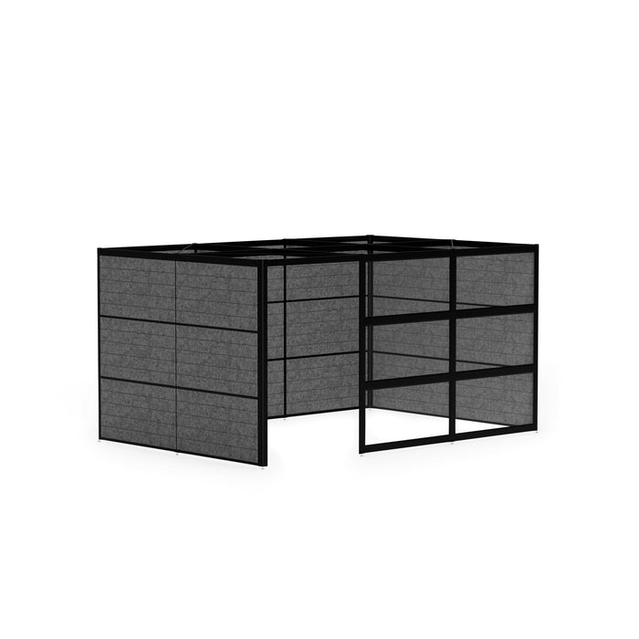 Black modular office cubicles with gray fabric panels on a white background. (Black-Private-Black Panel)