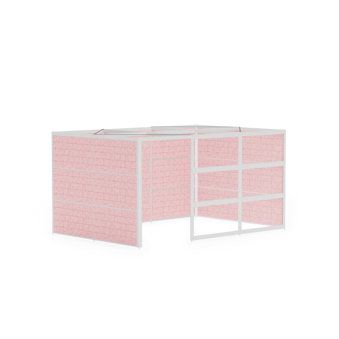 Pink fabric room divider with white metal frame on white background. (White-Private-Rose Panel)