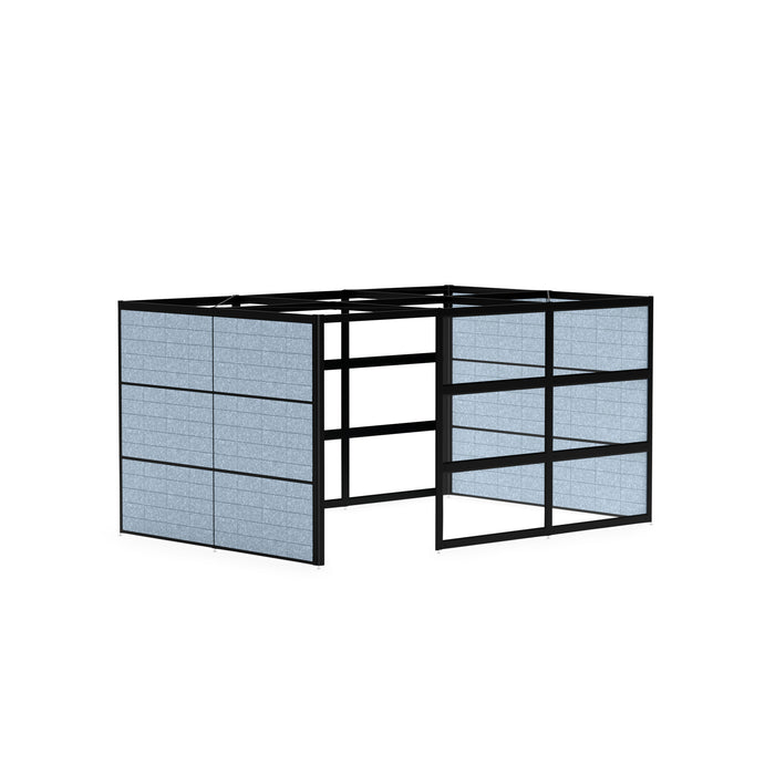 Modern black metal modular office walls  with blue-gray fabric bins on white background. (Black-Semi-Private-Blue Panel)