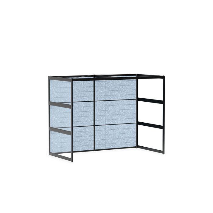 Modern black metal room divider with grey fabric panels on white background. (Black-Semi-Private-Blue Panel)