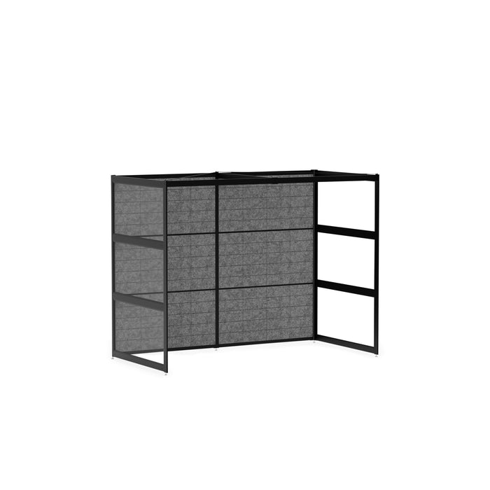 Modern black room divider with fabric panels and shelving on white background. (Black-Semi-Private-Black Panel)