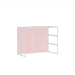 White office cubicle with pink partitions and empty shelves on white background. (White-Semi-Private-Rose Panel)