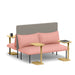 Modern pink sofa with side tables, cushions, and a grey backrest with a cup and tablet. (Blush-Gray)