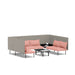 Modern L-shaped grey sofa with pink cushions and black coffee tables on white background. (Blush-Gray)