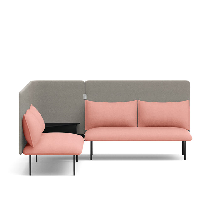 Modern two-tone sectional sofa with pink and gray cushions on a white background. (Blush-Gray)