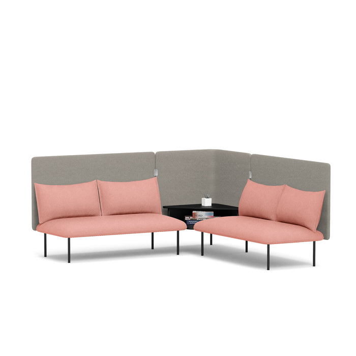 Modern salmon pink office sofas with gray backrest and black metal legs in a clean white background (Blush-Gray)