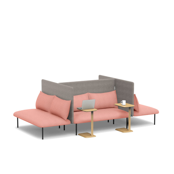 Modern coral sofa with gray cushions, side table, and laptop on a white background. (Blush-Gray)