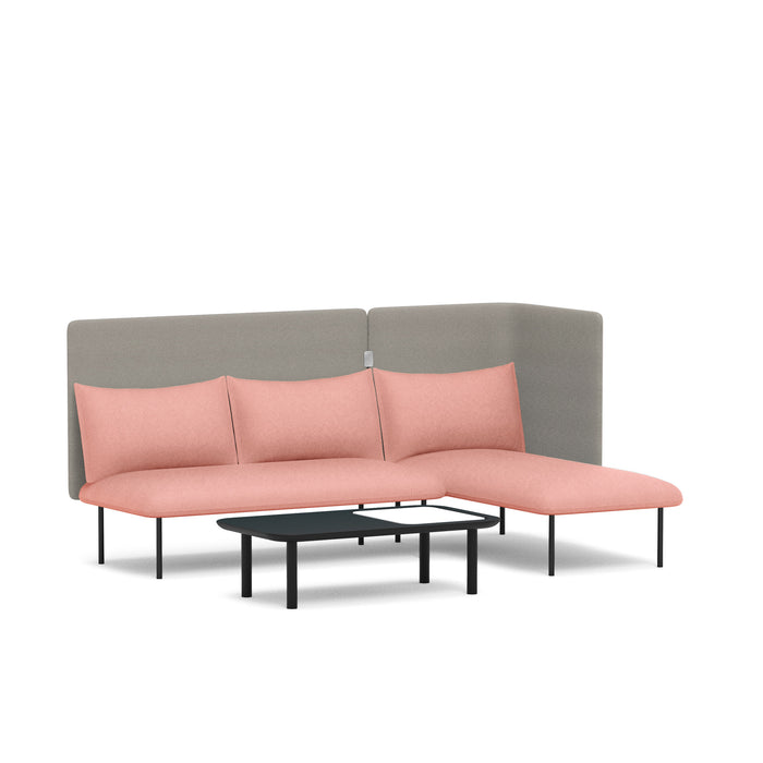 Modern pink corner sofa with grey backrest and black coffee table on a white background (Blush-Gray)