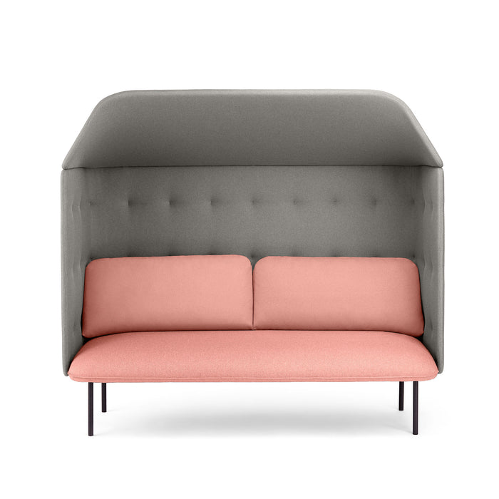 Gray modern privacy booth sofa with pink cushions on white background. (Blush-Gray)