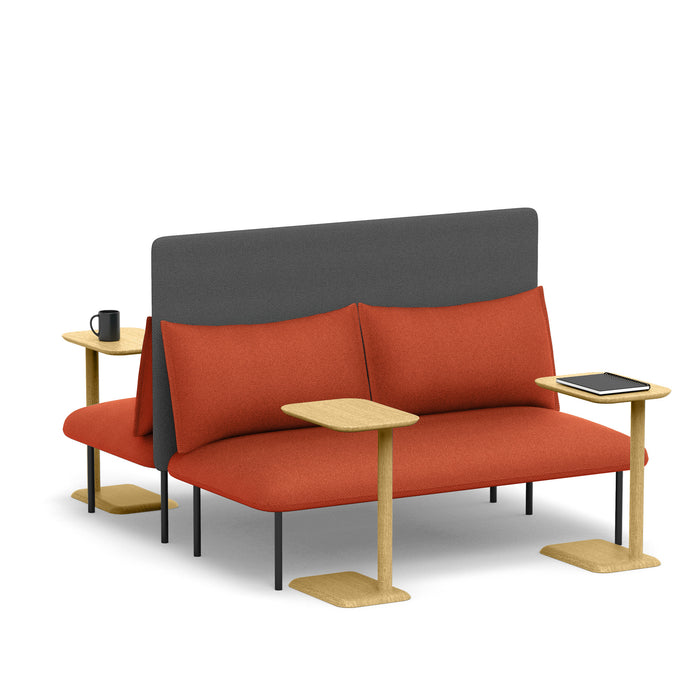Modern red couch with side tables, cup and tablet on a white background. (Brick-Dark Gray)
