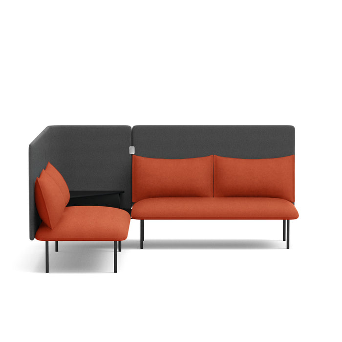 Modern charcoal and burnt orange sofa on a white background. (Brick-Dark Gray)
