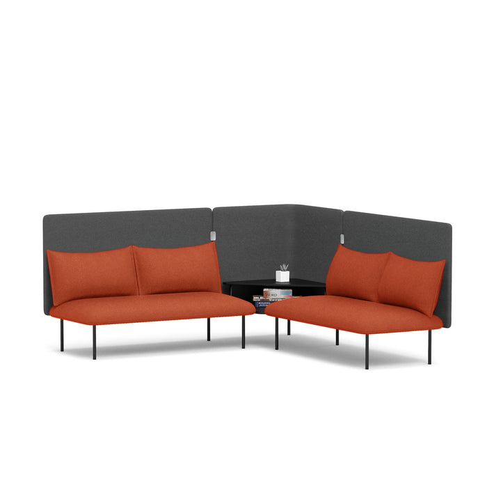 Modern L-shaped orange sofa with gray backrest in minimalist setting. (Brick-Dark Gray)