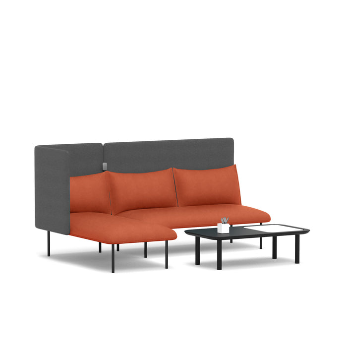 Modern L-shaped orange sofa with grey backrest and black round coffee table on white background. (Brick-Dark Gray)