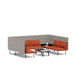 Modern office lounge with L-shaped gray sofa, orange cushions, and black coffee table (Brick-Gray)