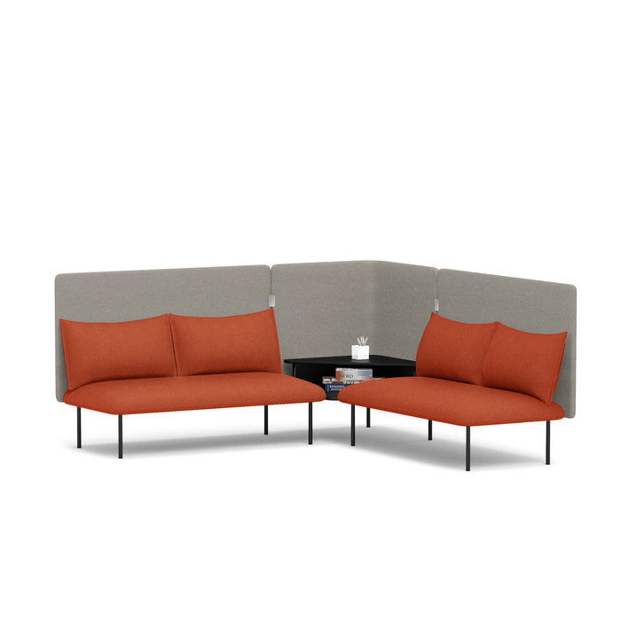 Modern orange office lounge sofas with privacy panels on a white background. (Brick-Gray)