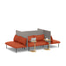 Modern orange sofa with gray cushions, side tables, and laptop on white background. (Brick-Gray)