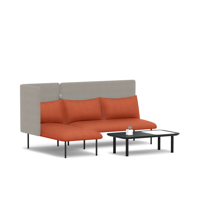 Modern grey and orange sectional sofa with black coffee table on white background. (Brick-Gray)