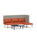 Modern corner sofa with orange cushions and attached black table on white background. (Brick-Gray)
