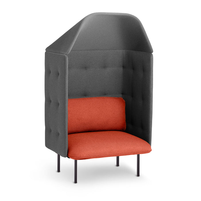 Gray high-back privacy armchair with red cushions on white background. (Brick-Dark Gray)