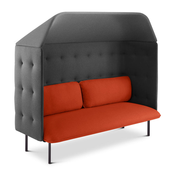Modern high-back booth sofa with gray upholstery and red cushions on white background. (Brick-Dark Gray)