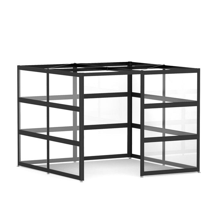 Black modular metal shelving unit on a white background. (Black-Open-Clear Glass)