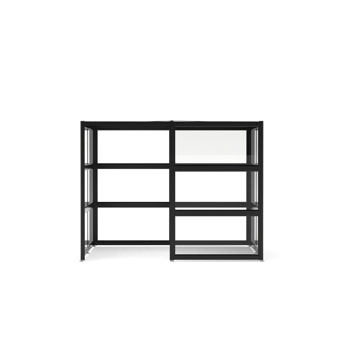 Modern black metal frame bookshelf with empty shelves on a white background. (Black-Open-Clear Glass)
