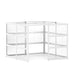 White modular corner shelving unit isolated on a white background. (White-Open-Clear Glass)