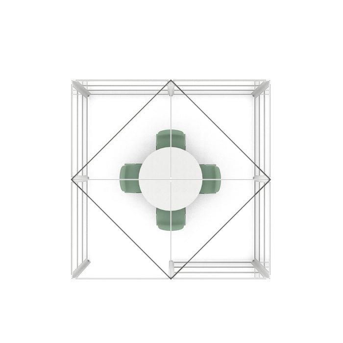 Modern glass cube bookshelf with round green table and chairs set inside on a white background. (White-Open-Clear Glass)