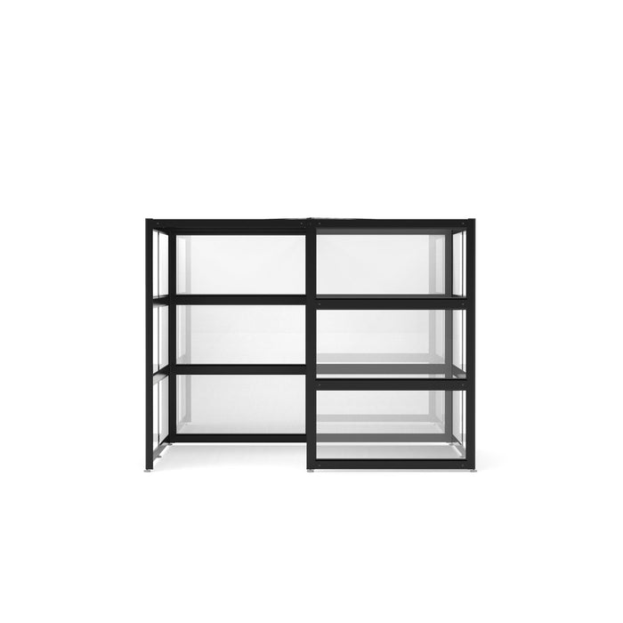 Black metal frame bookshelf with glass shelves on white background. (Black-Private-White Glass)