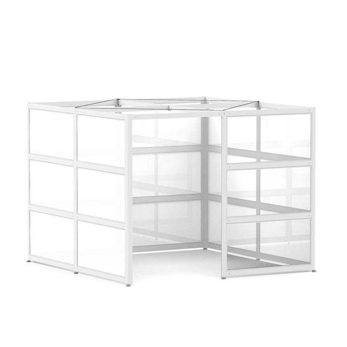 White modular corner shelf unit on a white background. (White-Private-White Glass)