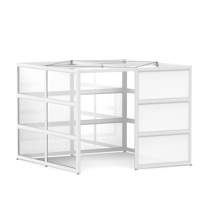White modern modular corner desk with storage shelves on white background. (White-Semi-Private-White Glass)