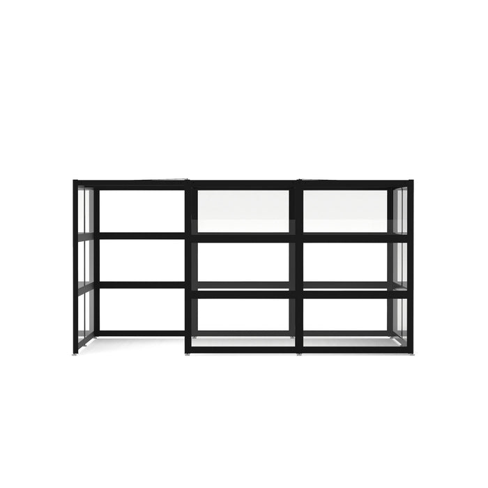 Modern black modular bookshelf with empty shelves on white background (Black-Open-Clear Glass)