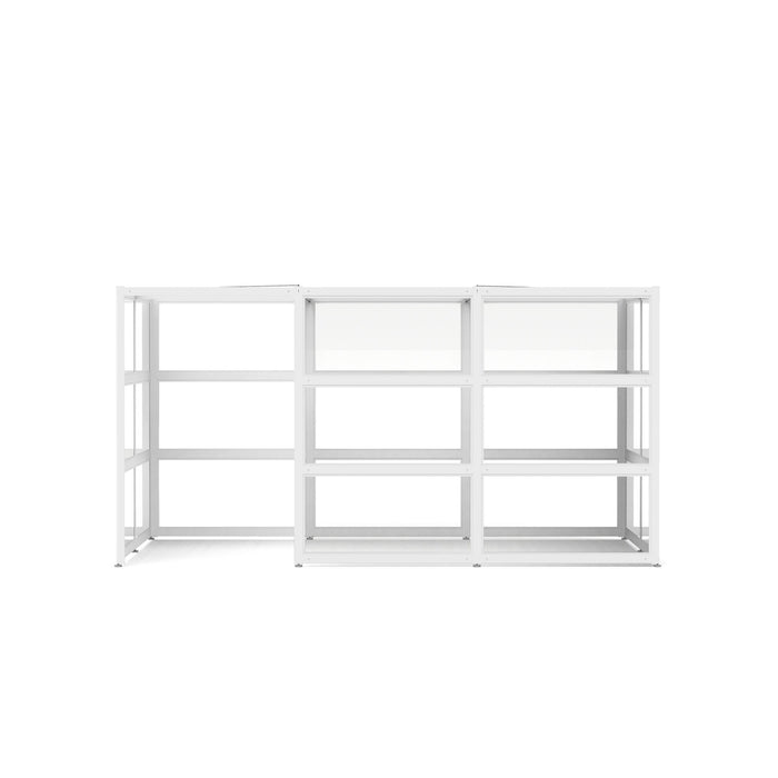 Three-section white modular shelving unit on a white background. (White-Open-Clear Glass)