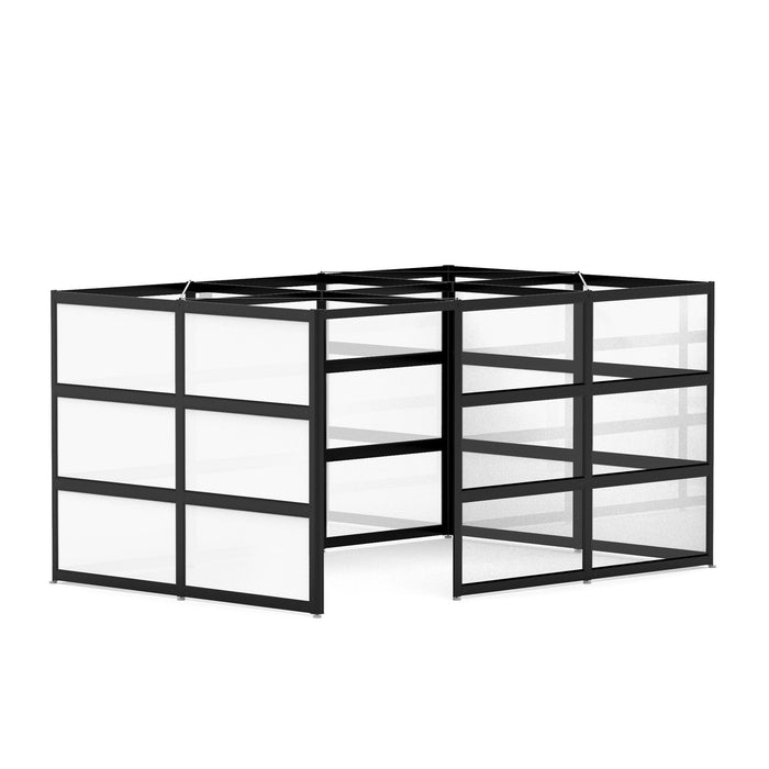 Black cube modular office walls against a white background. (Black-Private-White Glass)
