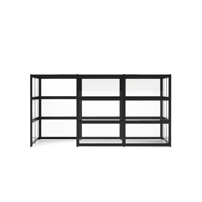 Black modern modular bookshelf on a white background. (Black-Private-White Glass)