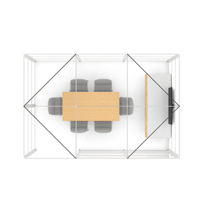 Top-down view of a modern conference room with glass walls and a wooden table (White-Private-White Glass)
