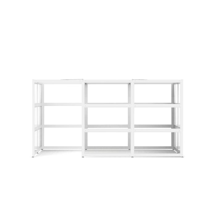 Three white modern empty bookshelves isolated on a white background. (White-Semi-Private-White Glass)